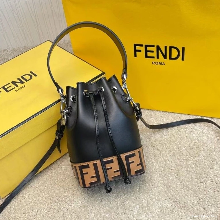 Affordable Bucket Calf Bag Fendi Mon Mini Tresor FF In Black Motif Brown Leather 0821
